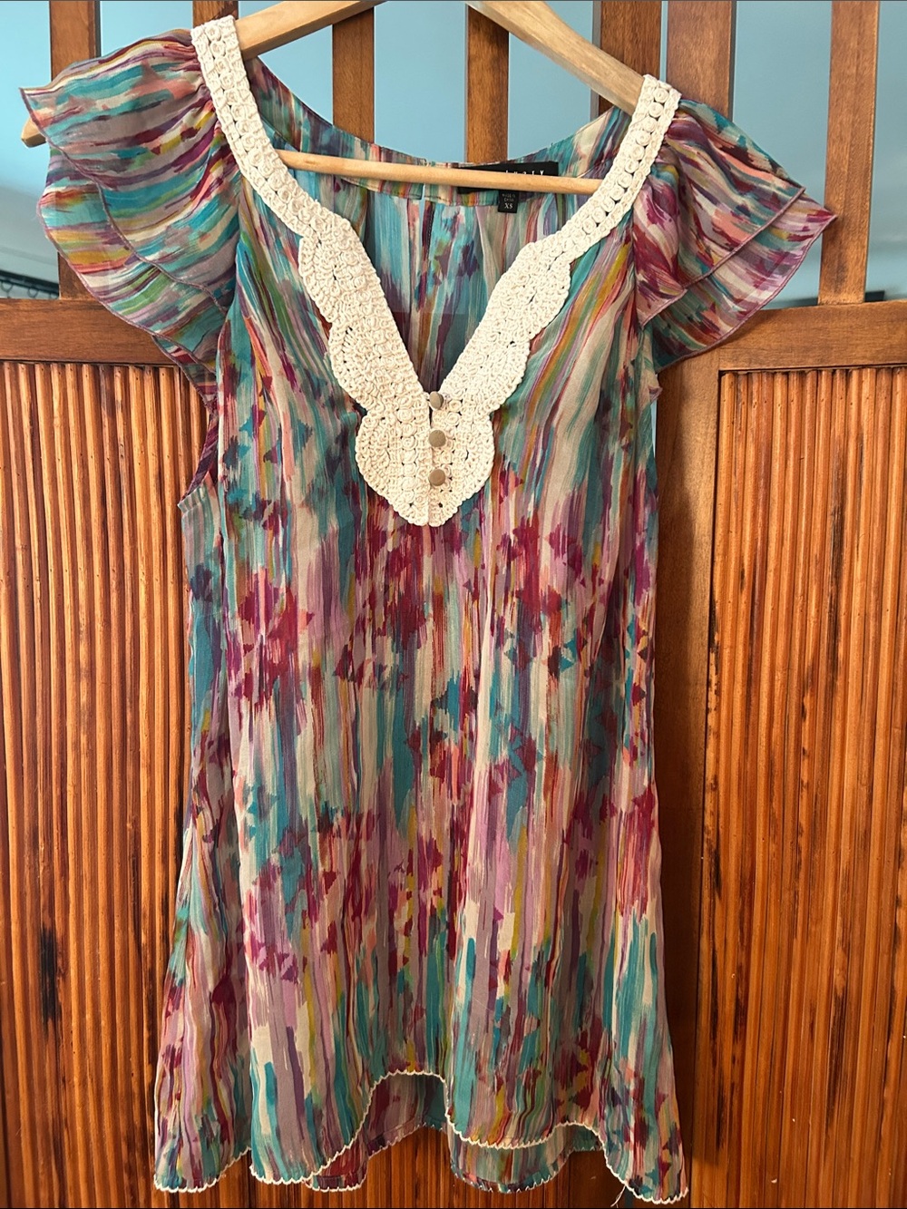Multicolor Watercolor Shift Dress with Crochet Neckline